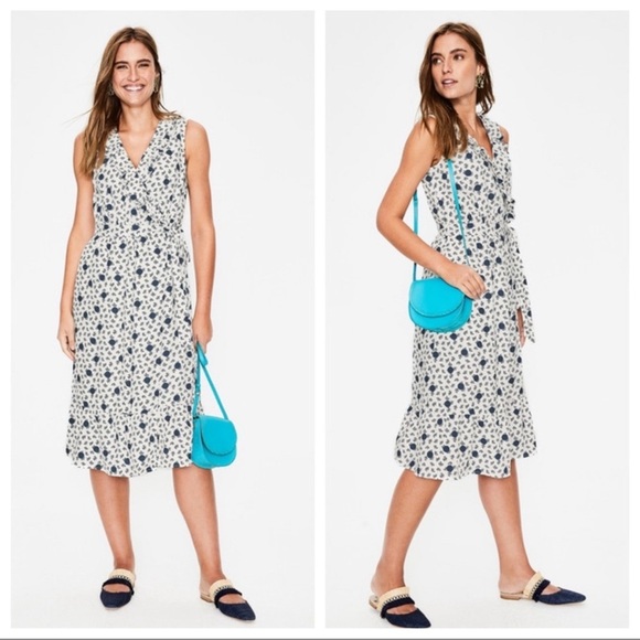 Boden White&Blue Nancy 100% Linen Floral Midi Sleeveless Wrap Dress 16R lined - Picture 1 of 13